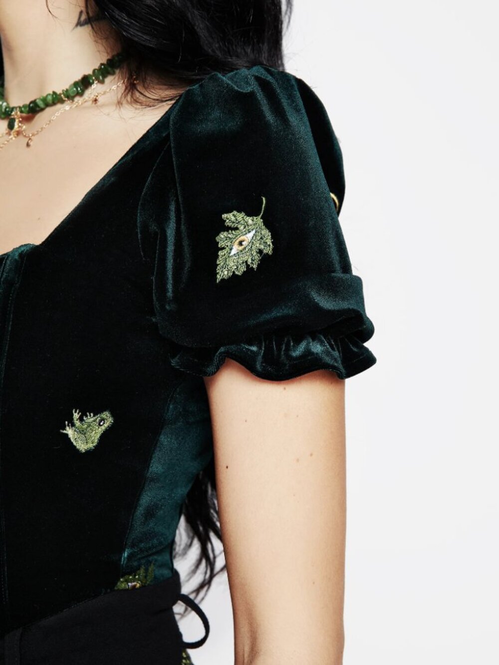 DISTURBIA Swamplife Frog Embroidered Velour Puff Sleeve Corset Top – US 6/ UK 10 - Picture 5 of 7